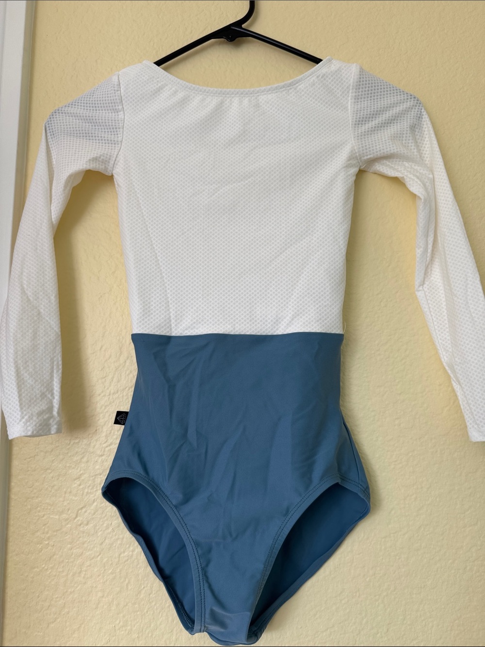 Two-Tone White and Slate Blue Long Sleeve Women’s Jule Dancewear LeotardBodysuit